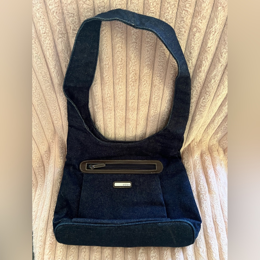 Dark Blue Wash Denim Shoulder Bag Satchel Hobo Purse with Many Pockets & ID Slot